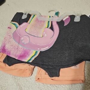 Old Navy Girls Gray & Pink Shark Graphic Top with Peach Shorts Matching Set